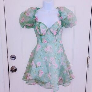 SHEIN Green Pink Floral Ruffle Puff Sleeve Midi Dress